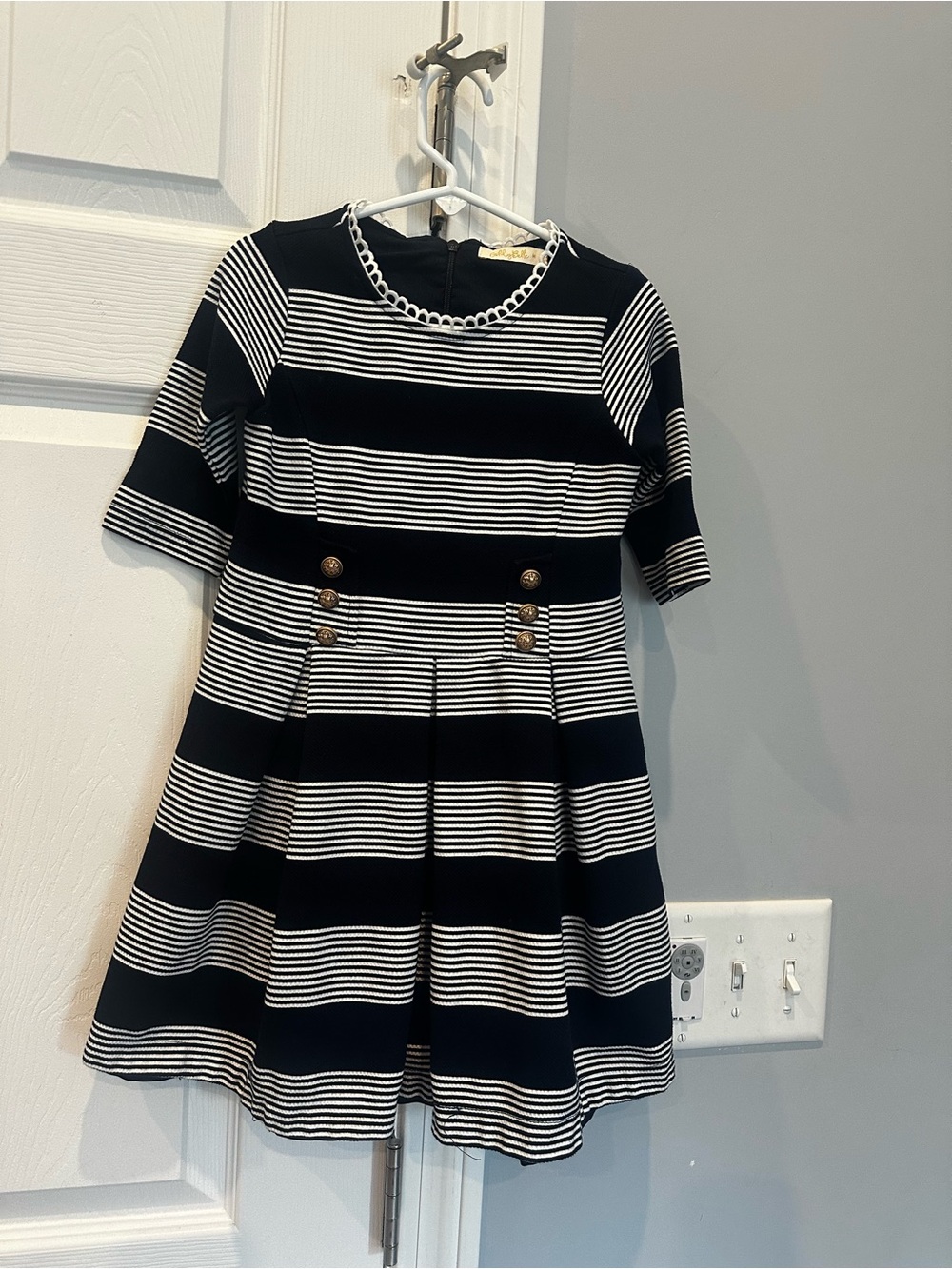 Navy & White Striped Girls' Dress with Decorative Buttons